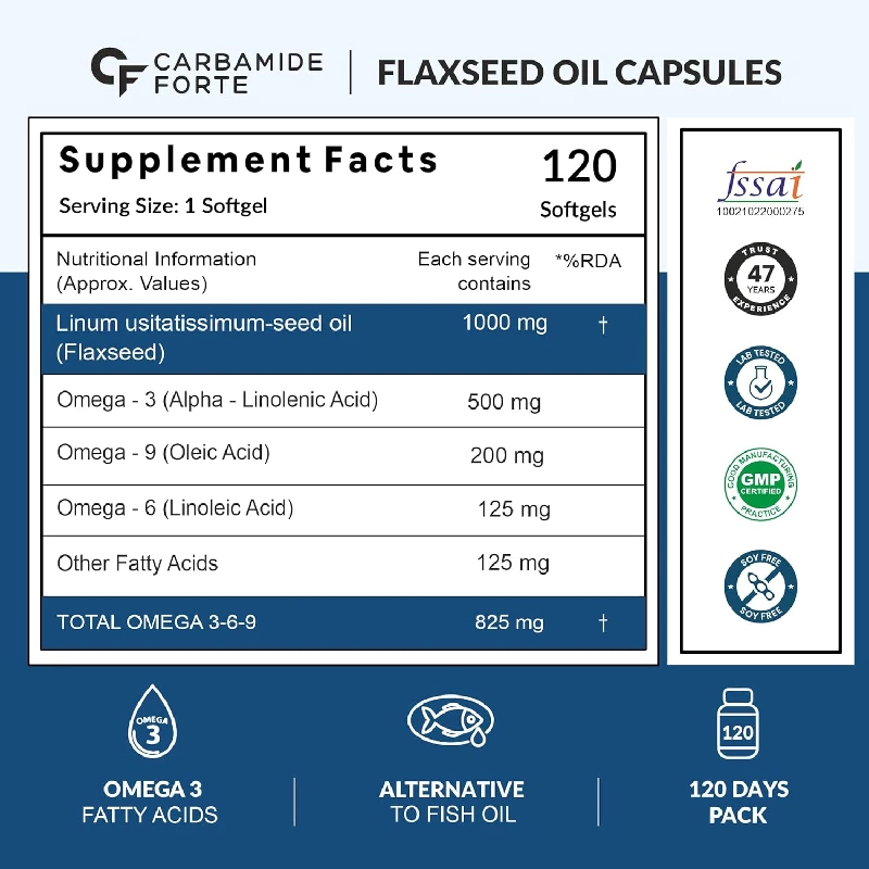 Carbamide Forte Cold Pressed Organic Flaxseed Oil Omega 3 6 9 Capsules, 360 g-2.webp